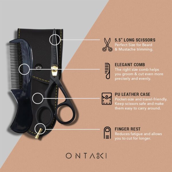 5.5” Japanese Steel Beard & Mustache Scissors – Left-Handed, Ergonomic, with Comb & Pouch - Image 3