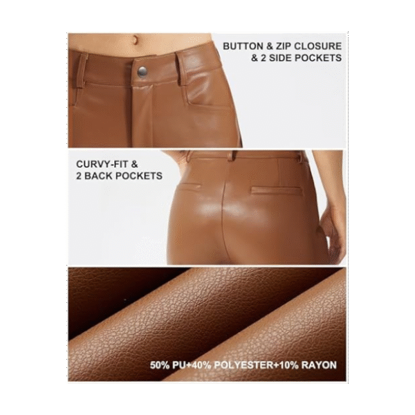 Women’s Faux Leather Straight Wide Leg Pants with Pockets - Image 4